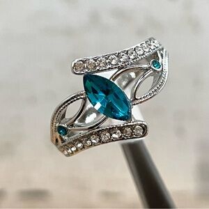 Cute Boho Marquise Cut Aqua Blue Diamond CZ Silver Tone Ring